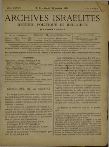 Archives israélites de France. Vol.42 N°03 (20 janv. 1881)